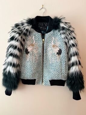 Embroidered Light Aqua Bomber Jacket with Faux Fur Sleeves by